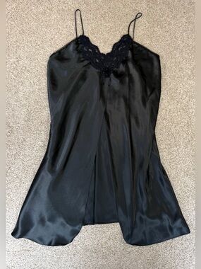 Vintage Intimates Black Slip Dress With Slit Nightgown- Hidden Fantasies Size L